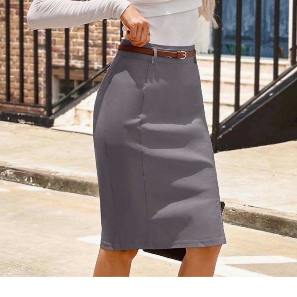 Kate Kasin Gray High Waist Pencil Skirt Stretch Front Slit Women's Medium EUC